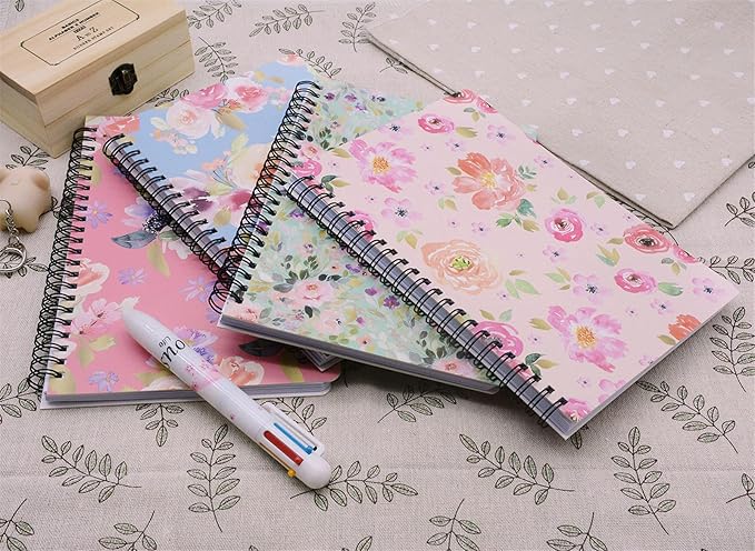 Yansanido Spiral Notebook, 4 Pcs A5 Thick Flower Design Hardcover 8mm Ruled 4 Color 80 Sheets -160 Pages Journals for Study and Notes (flower)