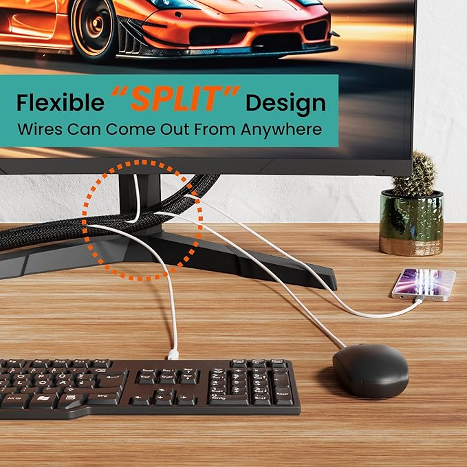 Cable Management Sleeve 25ft (300 inch) - 1/2 inch, PET Expandable Braided Cord Organizer, Split Wire Loom Tubing Reversible Cord Protector for TV USB PC Ethernet Cable Hider Protect Pets Kids
