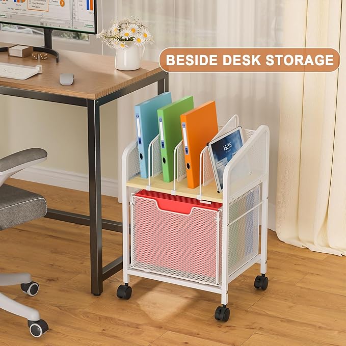 Tiaoheka Rolling File Cabinet with Adjustable Dividers, Mobile Filing Cabinet with Storage Drawer on Lockable Wheels, Hanging File Organizer Beside Under Desk for Office, Home, White（Patent Pending）