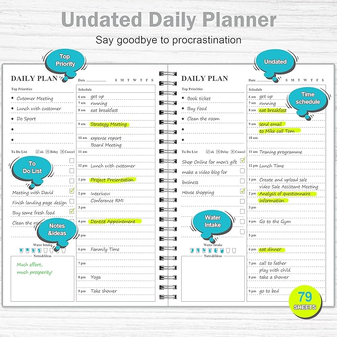 Daily Planner Undated, Asten To Do List Notebook Hourly Schedules Spiral Appointment Planner for Men and Women,PVC Hardcover,Elastic Closure, Inner Pocket 8.3" x 5.8" (Gray)