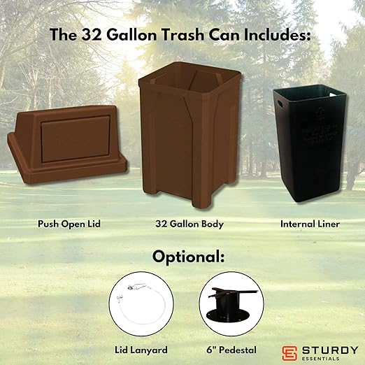 Sturdy Essentials 32 Gallon Square 100% Recycled Plastic Heavy Duty Indoor or Outdoor Commercial Trash Can with Push Lid | Great for Schools and Businesses - Brown Granite