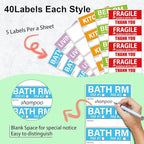 Yoget 42x90mm Large Home Moving Labels for Apartment Moving, 4 Different Color Coded Packing Stickers + 40Pcs Fragile Stickers + 40 Pcs Removable Blank Furniture Labels (240 Labels)