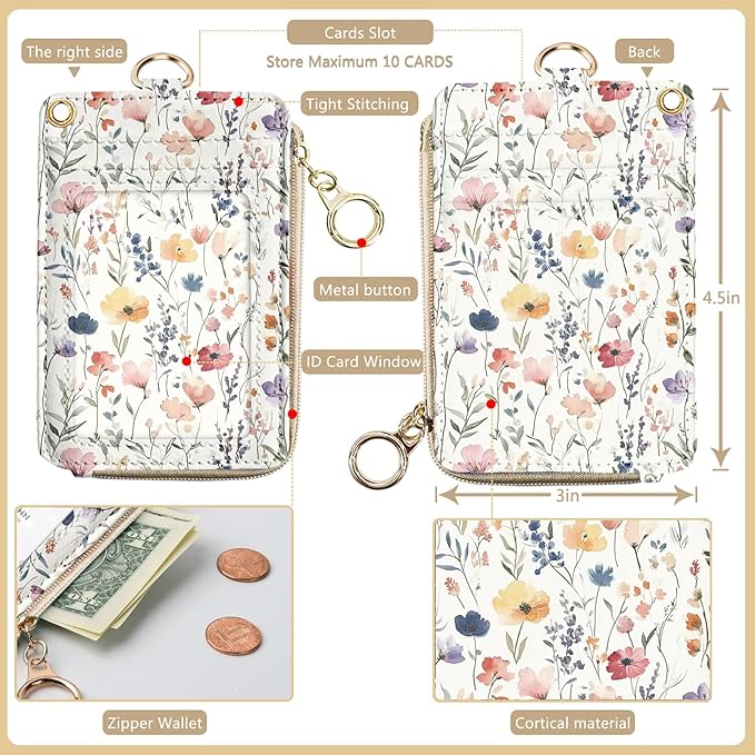 bolimoss 2-in-1 ID Badge Holder & Lanyard Wallet, Cute Florals Leather ID Badge Wallet for Teacher, 5 Card Slots Side Zipper Pocket Detachable Neck Wrist Lanyard for Key (Watercolor Flower)