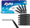 EXPO Wet Erase Markers, Semi-Permanent, Black, Fine Tip, 12 Count - For Writing on Glass, Whiteboards, Mirrors, Calendar, Labeling, Organizing