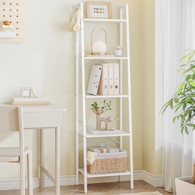 Hzuaneri Ladder Shelf, Bookshelf Bookcase, Freestanding Corner Storage Shelve with 2 Hooks for Home Office, Living Room, Kitchen, Bedroom, Industrial, 11.8" D x 17.3" W x 63" H, White BC19213W