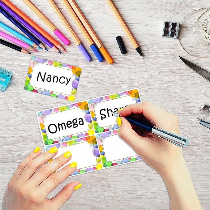 Wonmon 200 PCS Colorful Name Tags Stickers, Self Adhesive Watercolor Dot Style Name Tag Labels Stickers for Back to School Classroom Student Office Desk Cubby Locker Themed Party, 2x3 inch