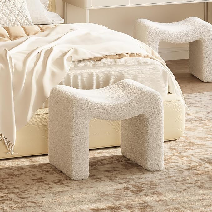 ZYKZYK Ottoman Vanity Seat, Plush Velvet Backless Stool and Small Foot Rest, Modern Accent Seating for Bedroom, Makeup Table or Living Room, White