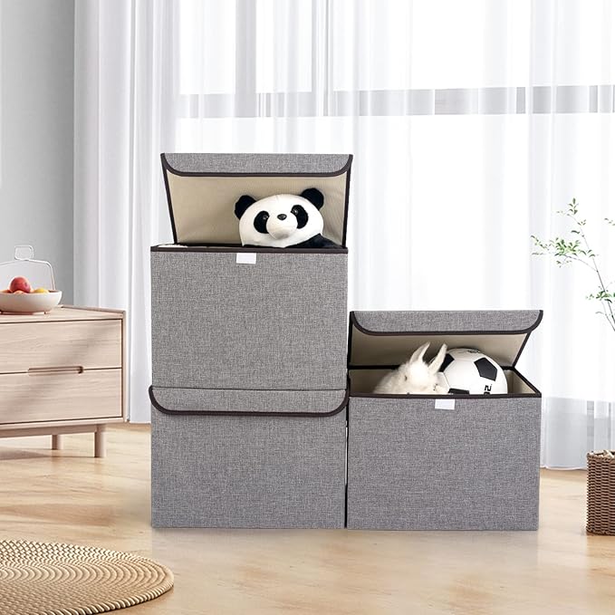 Bagnizer Large 22 Quart Linen Fabric Foldable Storage Bin Cube Organizer Basket with Flip-Top Lid & Handles, Clothes Blanket Box for Home, Office, Closet, Gray, 4 Pack 14.6 x 9.5 x 9.5”