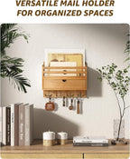 Rebee Vision Modern Farmhouse Mail Organizer with Drawer Organizer - Rustic Key and Mail Holder for Wall with 7 Key Hooks for Apartment Essentials - Aesthetic Home Decor (Light Brown)