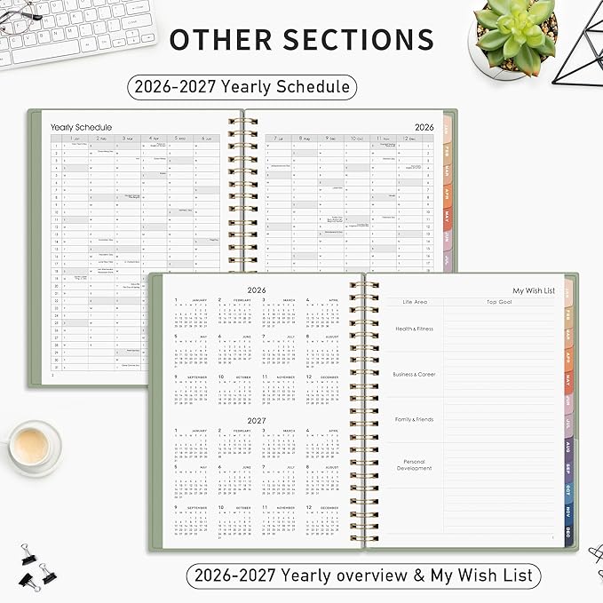 RETTACY 2026-2027 Monthly Planner, Jan 2026 - Dec 2027, Large Size (8.5" x 11"), Agenda, Calendar, 24 Month Tabs, Flexible Plastic Cover, 100 GSM Thick Paper, Spiral-bound (Light Green)