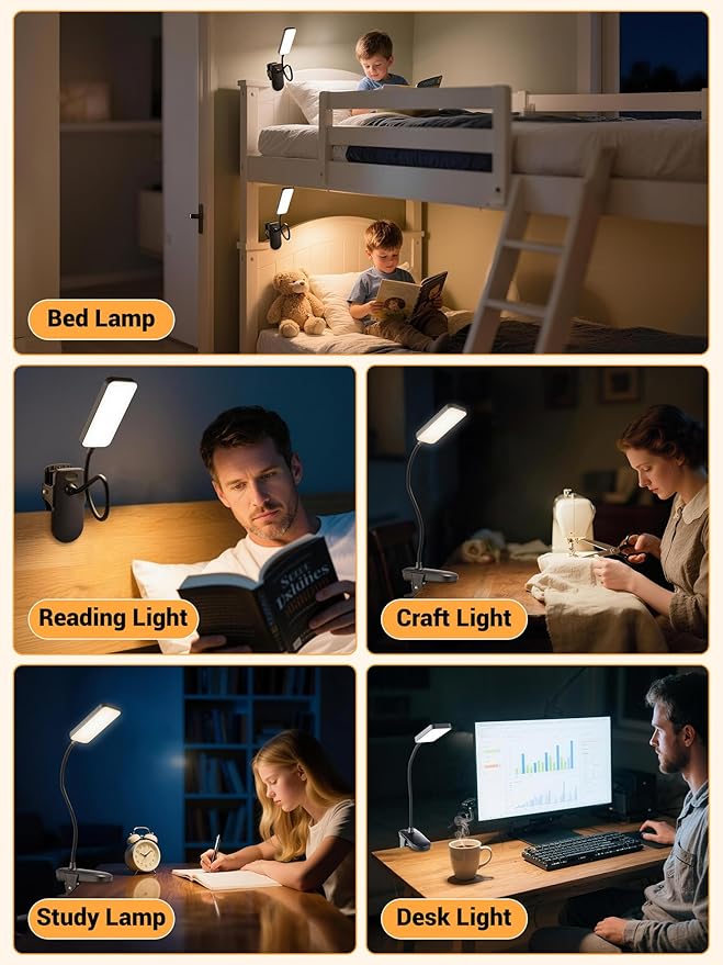 ReinHoo Clip on Light,9 Brightness+5 Color Rechargeable Desk Lamp,4000mAh Battery Operated Lights,450 Lumen 48 LED Desk Lamp with Clamp Light,Cordless Reading Lamps for Bed/Headboard/Bedside Table