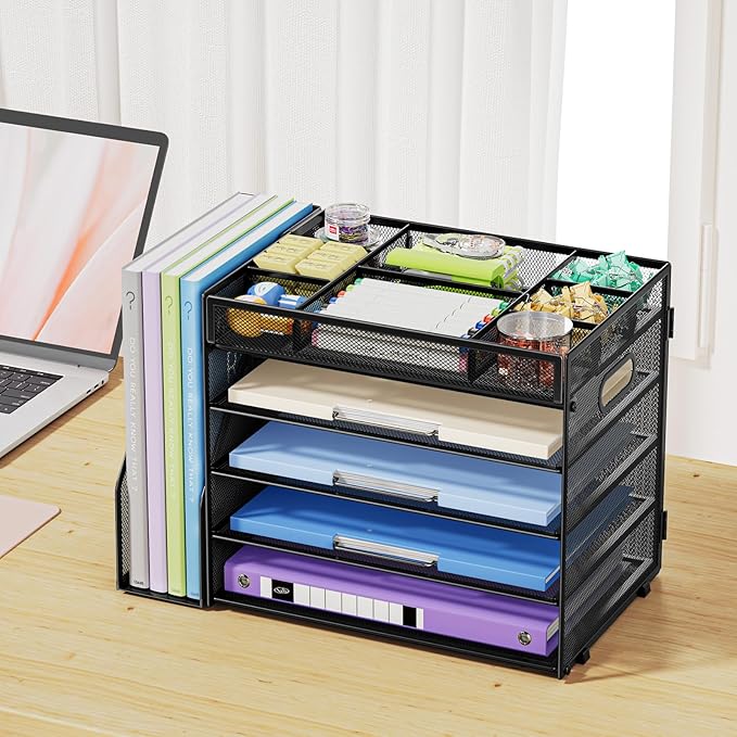 Marbrasse 5-Tier Desk Organizer with File Holder,Paper Letter Tray Organizer,Desktop File Organizer with Adjustable Compartments,Mesh Desk Organizers and Accessories for Office Supplies,Black