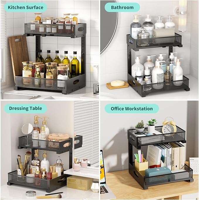 Beleeb Under Sink Organizer, Extra-Wide Upgrade, 2-Pack of 2-Tier Metal Slide Out Cabinet Organizer, Height Adjustable Organization and Storage Series, Bathroom/Cabinet/Kitchen organization, Black