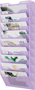EasyPAG 10 Pocket Mesh Wall File Organizer, Hanging Paper Folder Holder with Classify Label, Vertical Wall Mount Mail Organizer for Office Home Classroom, Purple