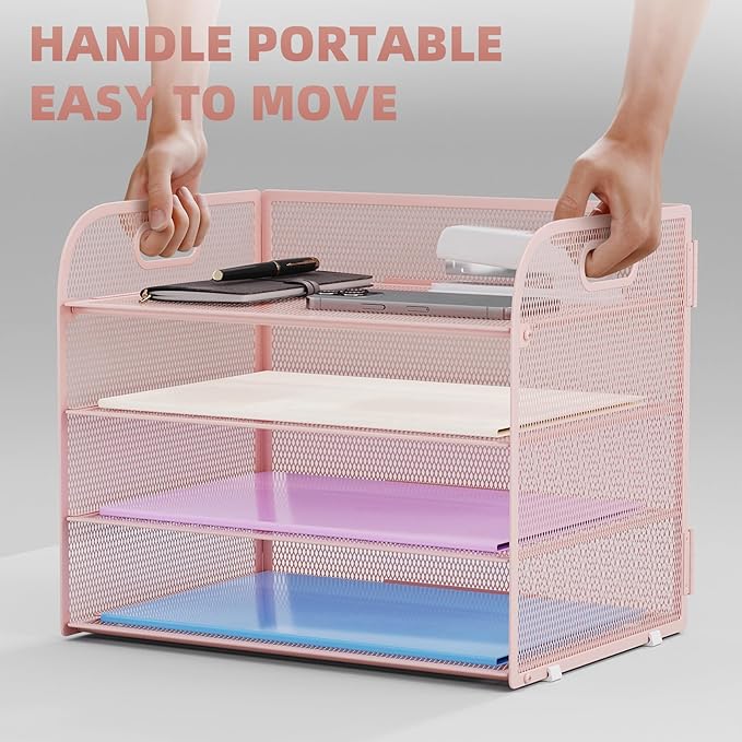 Marbrasse 2 Pack 4 Tier Paper Organizer Letter Tray - Mesh Desk File Organizer with Handle, Paper Sorter Organizer for Letter/A4 Office File Folder Holder (Pink, 12.6" x 9.1" x 10.7")