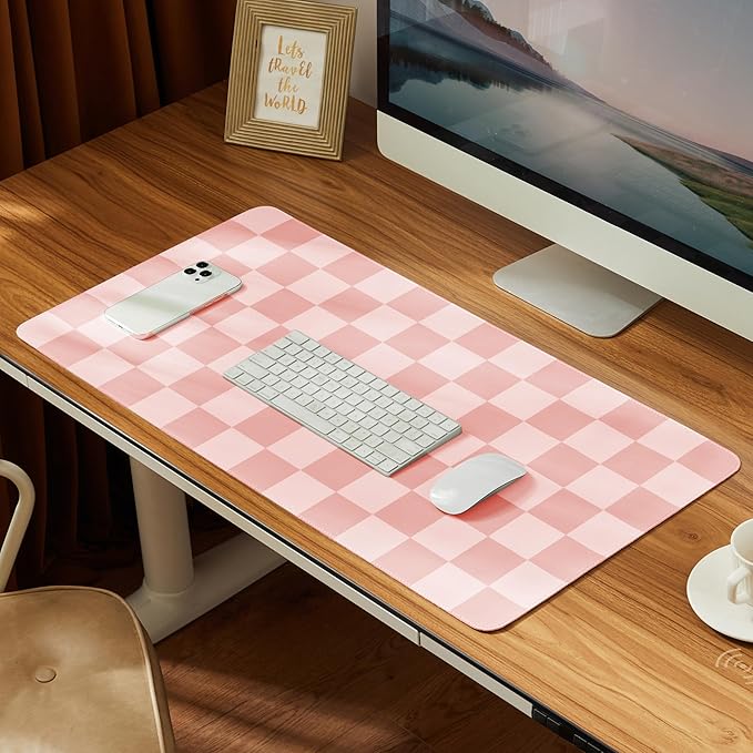 Ohocut Checkered Desk Mat, 31.5" x 15.7" Large Cute Coral Pink Aesthetic Retro Accessories, PU Leather Computer Laptop Desk Mat, Mouse Keyboard Pad, Desk Writing Makeup Mat for Vanity/Work/Home Decor