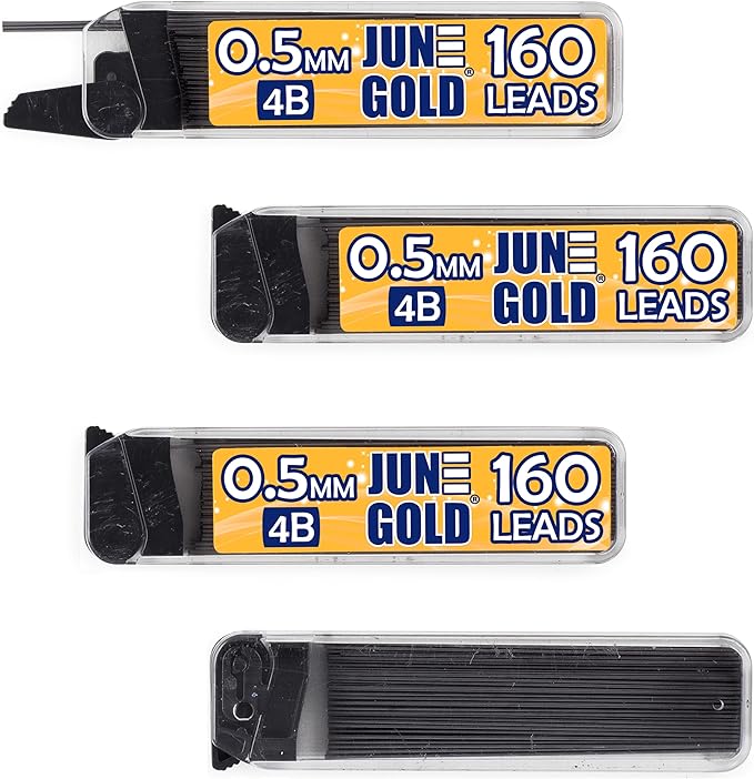 June Gold 640 Pieces, 0.5 mm 4B Lead Refills, 160 Pieces Per Dispenser, Fine Thickness, Break Resistant Lead/Graphite (Pack of 4 Dispensers)