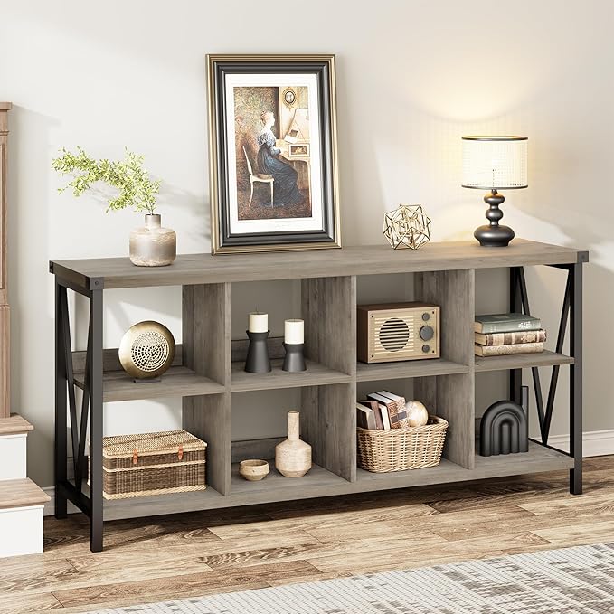 GarveeHome 8 Cube Storage Organizer Bookshelf, Farmhouse Horizontal Bookcase, 62 Inch Wood Storage Bookcase for Entryway, Long Low Bookshelves for Living Room (Grey, 8 Cube Metal)