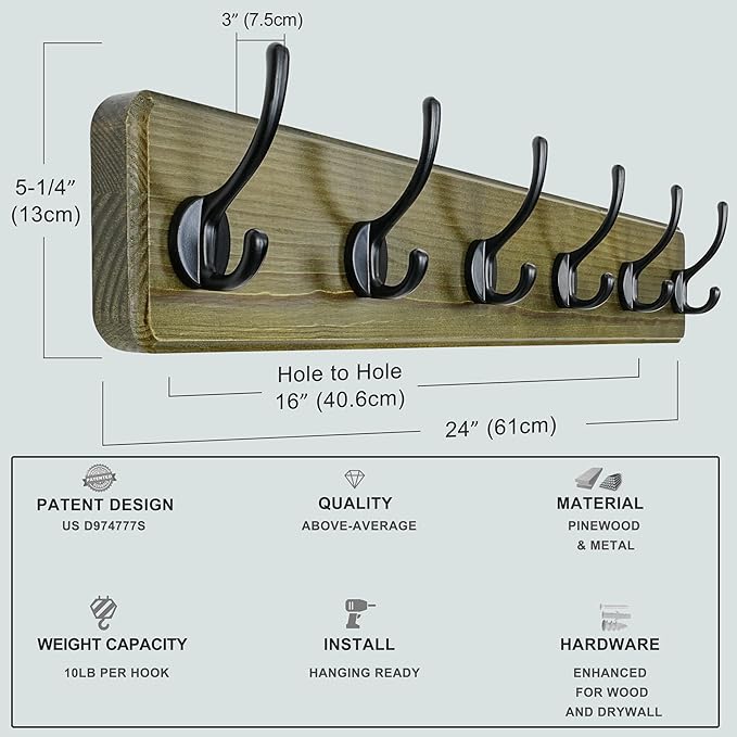 Dseap Coat Rack Wall: 24" Long, Patented, Heavy-Duty, 6-Double-Hooks Wooden Wall Mounted Coat Rack Coat Hanger Hook Rail for Winter Coats Hat Jacket Clothing, Weathered Green, Pack of 2
