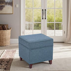 Adeco 17" Square Ottoman with Storage, Small Blue Storage Ottoman Foot Rest with Hinged Lid & Solid Wood Legs, Linen Fabric Foot Stool for Living Room & Bedroom, Seasonal Home Refresh & Gifting