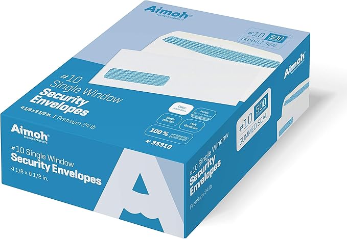 Aimoh #10 Single Left Window Security Tinted Envelopes, Gummed Closure, Size 4-1/8 X 9-1/2 inches, 24 LB - 500 Count (35310)