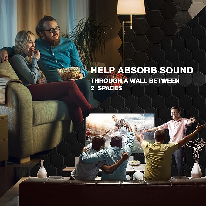 Sonic Acoustics 12 Pack Hexagon Acoustic Panels, 14" X 12" X 0.4" High Density Sound Absorbing Panels Sound Proof Insulation Beveled Edge Studio Treatment Tiles-Black