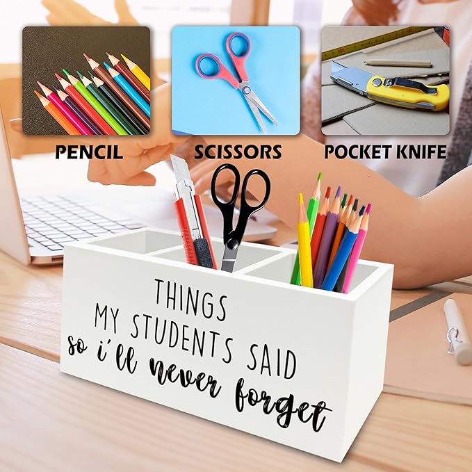 QZQE Teacher Gifts Pen Pencil Holder Organizer for Desk, Things My Students Said So I'll Never Forget Wooden Box Signs Decorations for Home Office Desk Tabletop, Teacher Appreciation Gifts