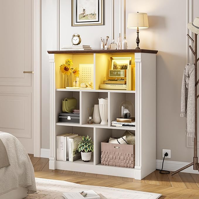 EnHomee 7 Cube Storage Organizer with LED Light and Charging Station Wood Cube Shelf White Bookshelf for Bedroom Living Room,Office,White