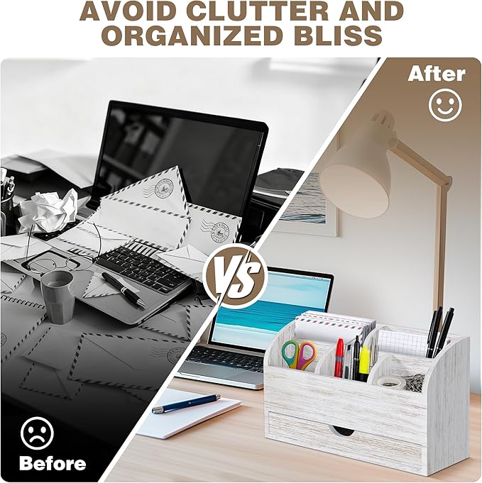 SeekElegant Wood Mail Organizer with Drawer & Pen Holder, White Mail Holder with 5 Detachable Compartments, Desk Organizer for Bill Envelope Storage, for Office Entryway Kitchen Countertop