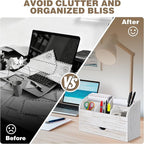 SeekElegant Wood Mail Organizer with Drawer & Pen Holder, White Mail Holder with 5 Detachable Compartments, Desk Organizer for Bill Envelope Storage, for Office Entryway Kitchen Countertop