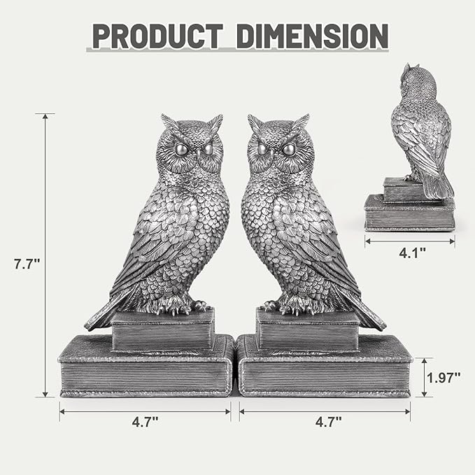 MXARLTR Owl Bookends, Book Ends for Shelves, Vintage Resin Decorative Bookends with Anti-Slip Base for Books Lovers Home Office Decor Book Holder (Silver)