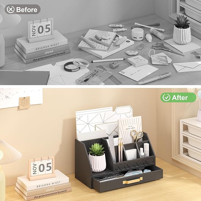 Wisuce Bamboo Mail Organizer Countertop with Drawers, Wooden Desk Organizer File Bill Sorter Storage Box for Desktop Letter Envelope Countertop Holder for Office Home School Organization