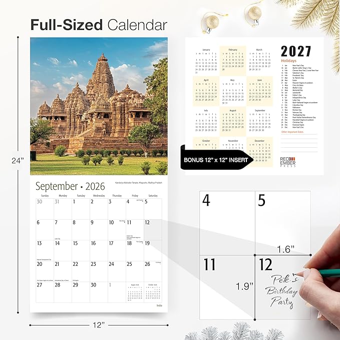 RED EMBER India 2026 Wall Calendar 12 Month | 12" x 24" Open | Thick & Sturdy Paper | Holiday Gift | Travel Calendar 2026