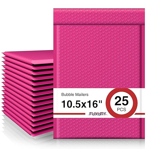 Fuxury Hot Pink Bubble Mailers 10.5x16 Inch 25 Pack, Self Seal Adhesive Waterproof Padded Envelopes, Cushioning Shipping Bags, Padded Mailers for Mailing, Packaging, Small Business Supplies, 5