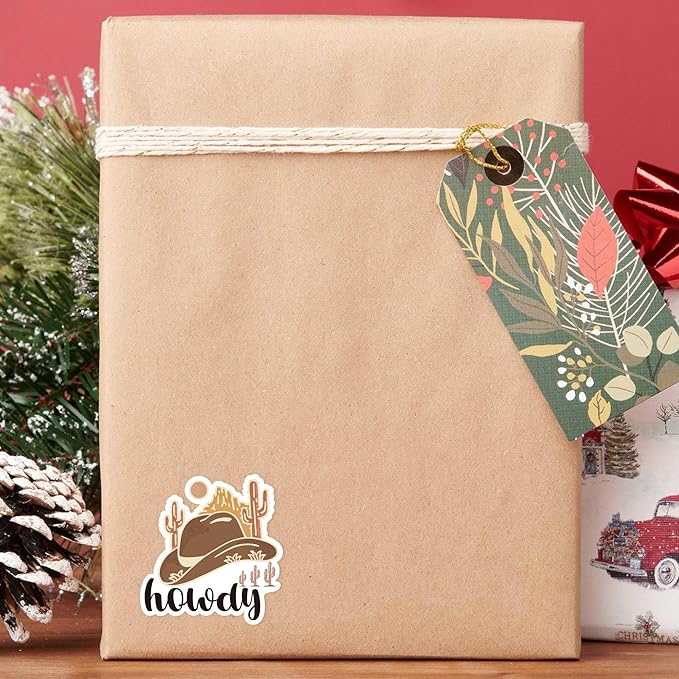 Bttwkco 500pcs Howdy Cowboy Hat Sticker Roll, Western Party Stuff, Wild Life Cowgirl, Happy Mail, Thank You - Western Theme