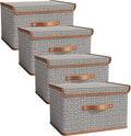 Tuza 4 Pack Storage Bins with Lids, Collapsible Closet Organizer Container, Fabric Organizer Box with Handles, Decorative Storage Boxes with Lids for Organizing Clothes, Blanket, Light Grey, Medium