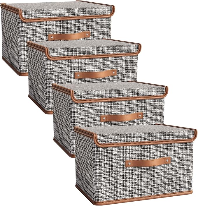 Tuza 4 Pack Storage Bins with Lids, Collapsible Closet Organizer Container, Fabric Organizer Box with Handles, Decorative Storage Boxes with Lids for Organizing Clothes, Blanket, Light Grey, Medium