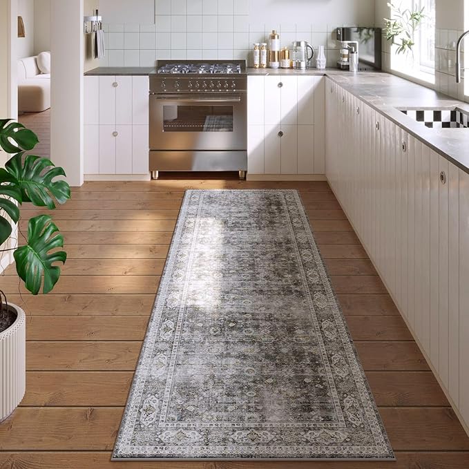Rugcomf Runner Rug for Hallways Kitchen Non Slip 2'x 6' Washable Rugs with Rubber Backing Soft Floral Carpet for Hallways, Kitchen, Laundry, Bedroom, Bathroom(Grey)