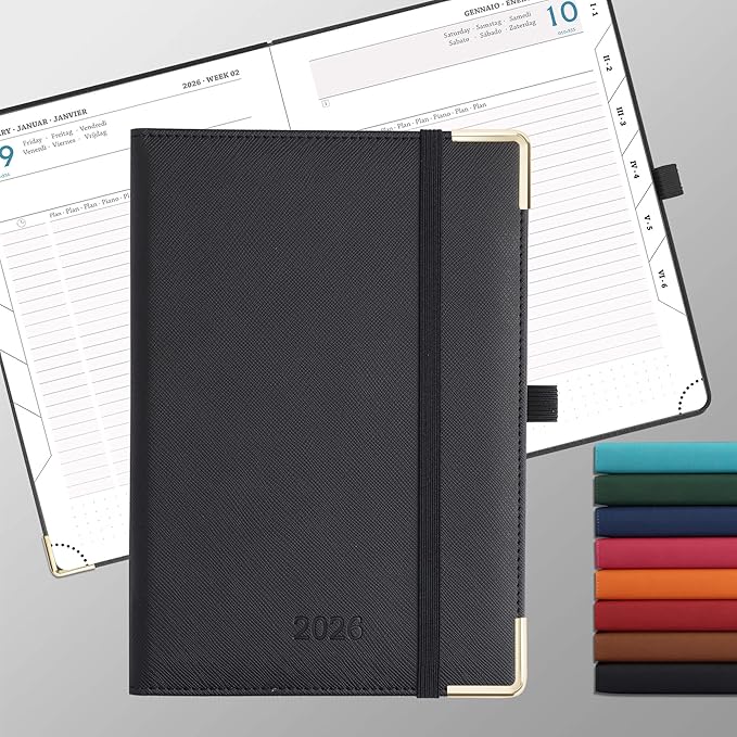 IN-luxpro Daily Planner 2026 with One Page Per Day,(A5-8.5" x 5.9"),12 Months Calendar Hourly Appointment Book Monthly Tabs & Self-adhesive Pen Holder,Inner Pocket, Vegan Leather Hardback,Black