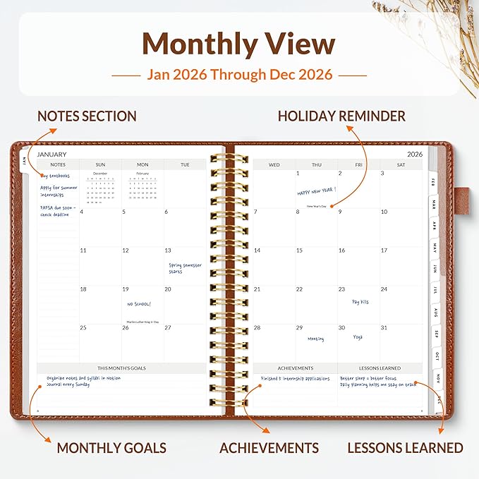 SUNEE 2026 Planner 5.9" x 8.3" – Dated Productivity Planner for Time Management - Daily,Weekly & Monthly Planner to Achieve Goals - Planner 2026 dated from January 2026 – December 2026,Brown