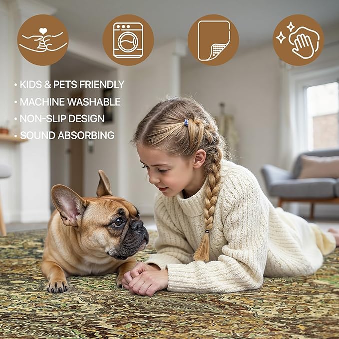 GENIMO 3x5 Area Rugs for Living Room, Machine Washable Non Slip Vintage Rugs, Low Pile Lightweight Chenille Print Rug for Bedroom, Dining Room, Home Office, Bronze Olive