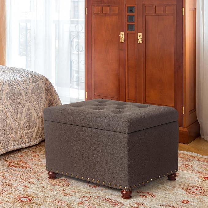 Decent Home 24'' Fabric Ottoman with Storage Rectangle Foot Rest Ottomans Stool for Living Room(Coffee)