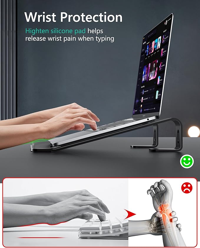 JCZT Aluminum Laptop Stand, Notebook Stand with Wrist Rest, Ergonomic Detachable Laptop Mount, Computer Stand Compatible with 10-17'' All Laptops Such as MacBook Air Pro/HP/Dell/Lenovo, Black