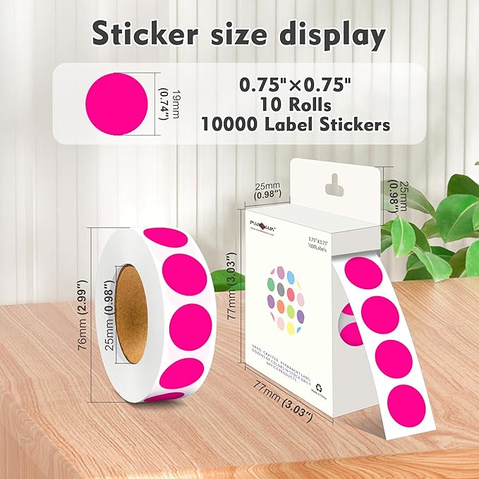 PARLAIM 3/4 Inch Roll Color Coding Labels,10000 per 10 Rolls Round Permanent Adhesive Color Coding Circle Dot Stickers for Office Home (Fluorescent Pink)