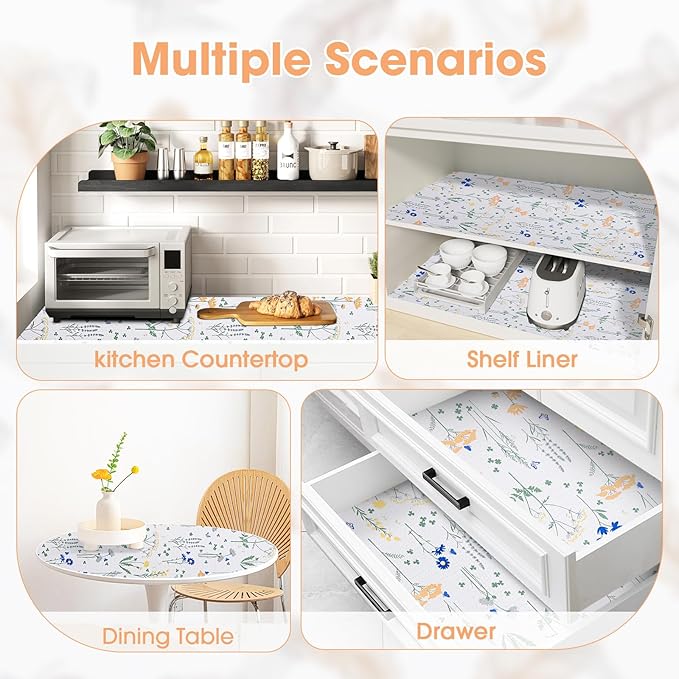 ALIUNI Drawer and Shelf Liner, Non-Slip Kitchen Cabinet Liners Non-Adhesive Thick Strong Grip Waterproof Washable Mats Protect Dresser Shelves Cupboard Bathroom Cabinets, Flower, 12 in X 20 FT