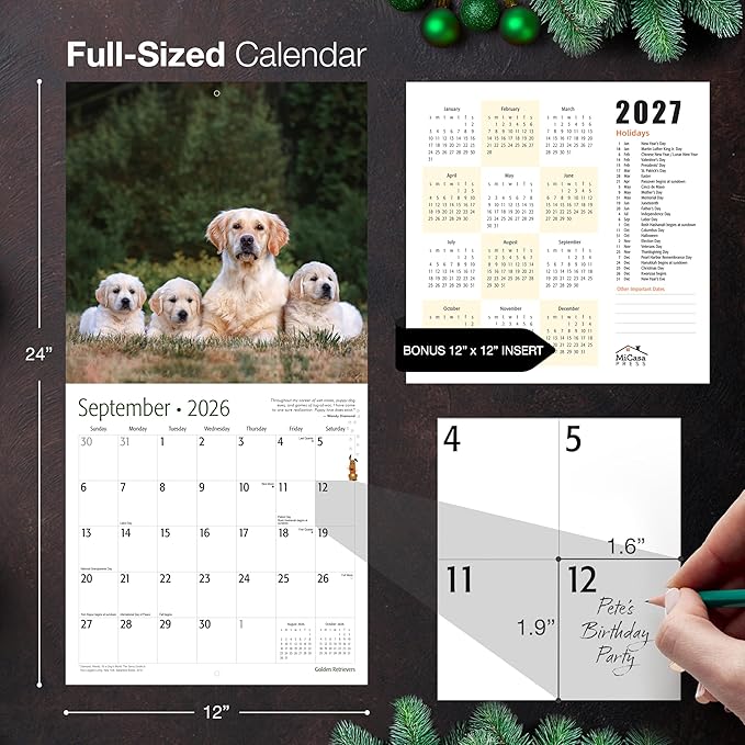 MICASA PRESS Golden Retrievers 2026 Wall Calendar 12 Month | 12" x 24" Open | Thick & Sturdy Paper | Holiday Gift | Cute Puppy Dog Calendar 2026