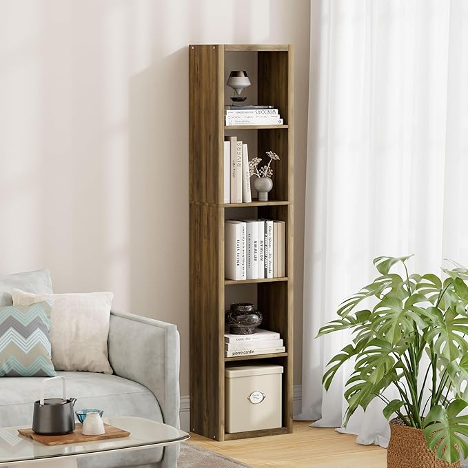 Jpiziso 5 Cube Storage Organizer Single Row, Cube Shelf with Heavy-Duty Thick Boards, 13.31" L x 9.37" W x 60.55" H, Smooth Easy-Clean Panels, Simple Assembly, for Living Room Bedroom Office, Brown