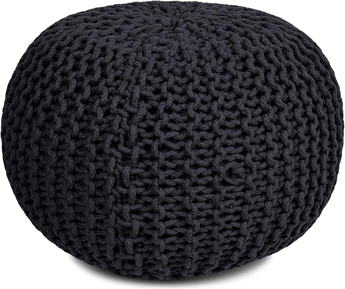 BIRDROCK HOME Round Pouf Ottoman | Cotton Braided Foot Stool with Bean Bag Filling | Boho Foot Rest for Living Room & Bedroom | Compact & Comfortable Seating, Lightweight & Soft | Charcoal