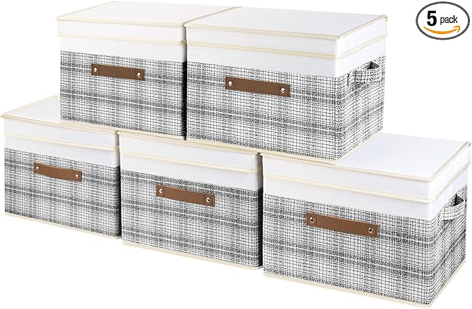 TYEERS Collapsible Storage Bins with Lids, Patchwork Design, Washable, Fabric Storage Boxes, 14.9x9.8x9.8 inches, 5 Pack, Gray
