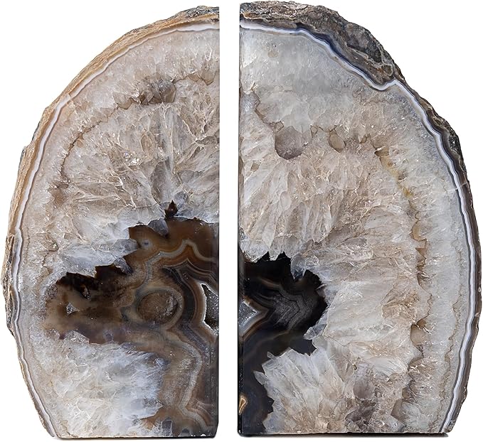 Nature's Decorations A Quality Black Agate Geode Bookends - Heavy Duty with Non-Skid Rubber Bumpers for Shelves, Office, Home Decor - Cool Crystal Stone (1 Pair 4-6 LB)